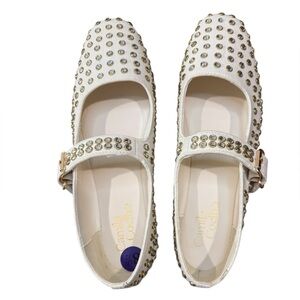 Camila Coelho Princess Studded Mary Jane Flats Buckle Strap Ivory Gold Size 8.5